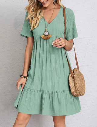Bohemian casual dress in mint green, V-neck, short sleeves, tiered ruffle hem