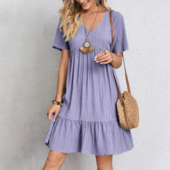 Bohemian casual dress in lavender purple, V-neck, short sleeves, tiered ruffle hem