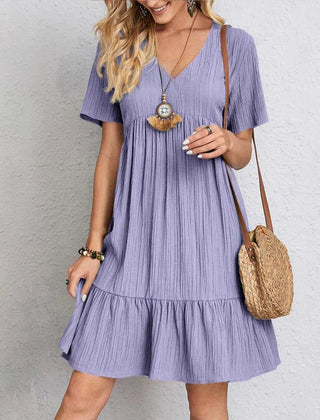 Bohemian casual dress in lavender purple, V-neck, short sleeves, tiered ruffle hem