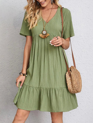 Bohemian casual dress in sage green, V-neck, short sleeves, tiered ruffle hem