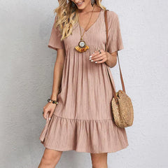 Bohemian casual dress in dusty rose, V-neck, short sleeves, tiered ruffle hem