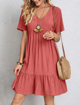 Bohemian casual dress in coral red, V-neck, short sleeves, tiered ruffle hem