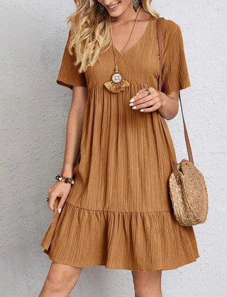 Bohemian casual dress in rust brown, V-neck, short sleeves, tiered ruffle hem