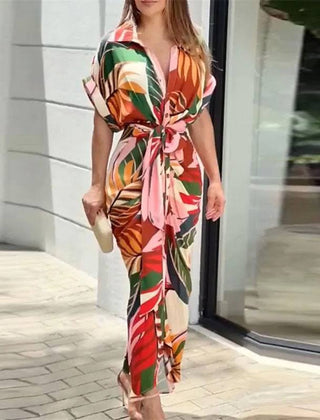 Multicolor wrap maxi dress with bold graphic print, short sleeves and tie waist