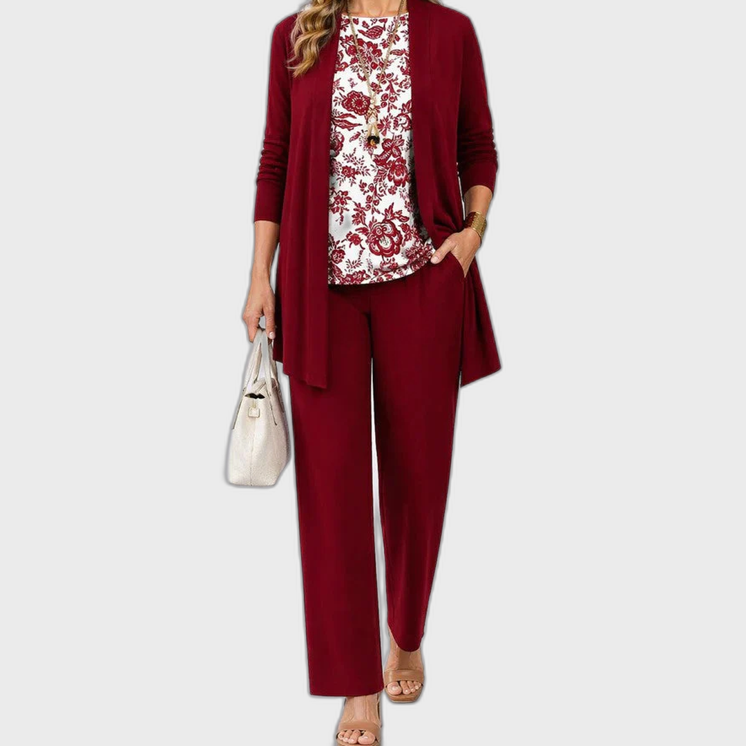 Elena 3-piece set: burgundy cardigan, floral top, and matching slim pants