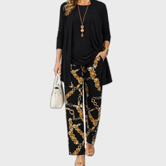 Elena 3-piece set: black tunic with gold chain pants and long cardigan