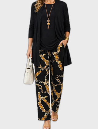 Elena 3-piece set: black tunic with gold chain pants and long cardigan
