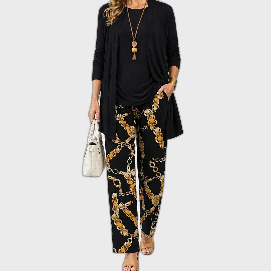 Elena 3-piece set: black tunic with gold chain pants and long cardigan