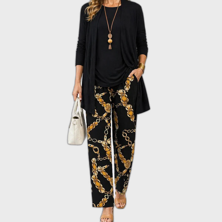 Elena 3-piece set: black tunic with gold chain pants and long cardigan