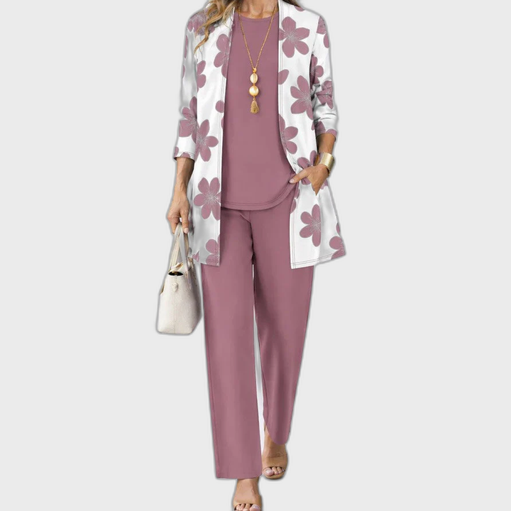 Elena 3-piece set: mauve top, floral cardigan, and matching pants