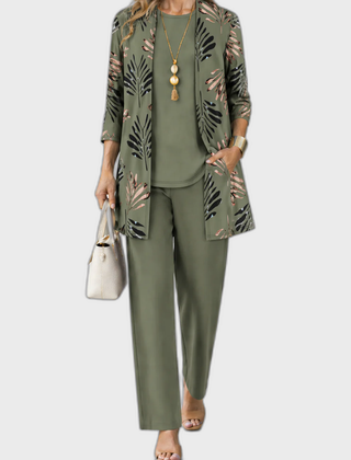 Elena 3-piece set: olive top with leaf-print jacket and matching pants