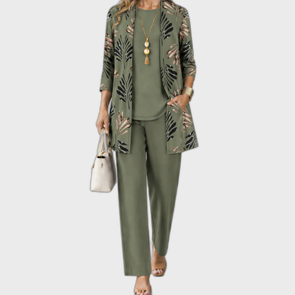 Elena 3-piece set: olive top with leaf-print jacket and matching pants
