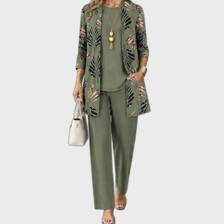 Elena 3-piece set: olive top with leaf-print jacket and matching pants
