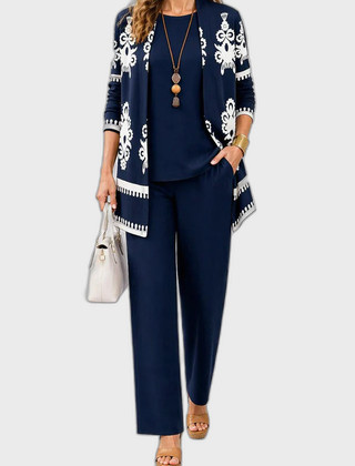 Elena 3-piece set: navy top with ornate cardigan and slim tapered pants
