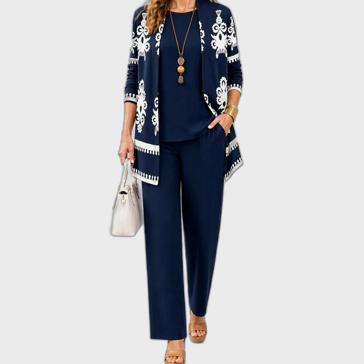 Elena 3-piece set: navy top with ornate cardigan and slim tapered pants