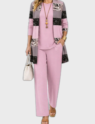 Elena 3-piece set: blush top with patchwork cardigan and matching straight pants