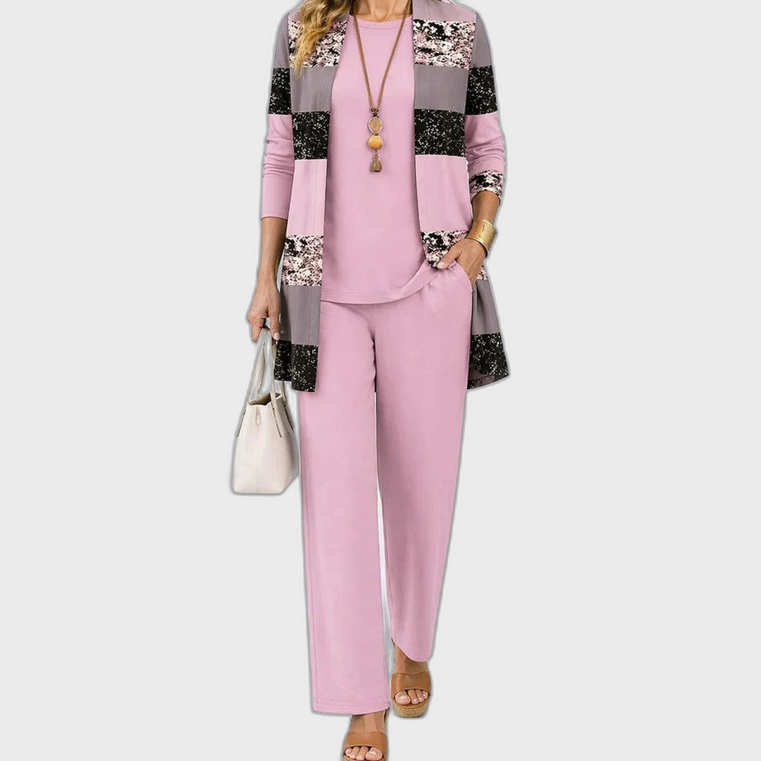 Elena 3-piece set: blush top with patchwork cardigan and matching straight pants