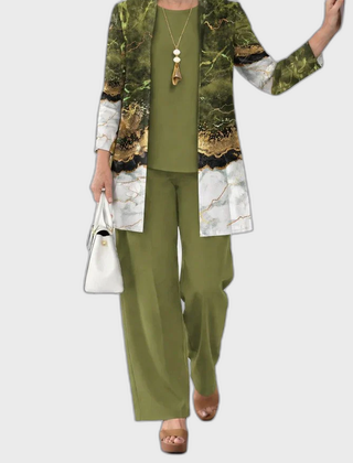 Elena 3-piece set: olive top with gold print cardigan and matching pants