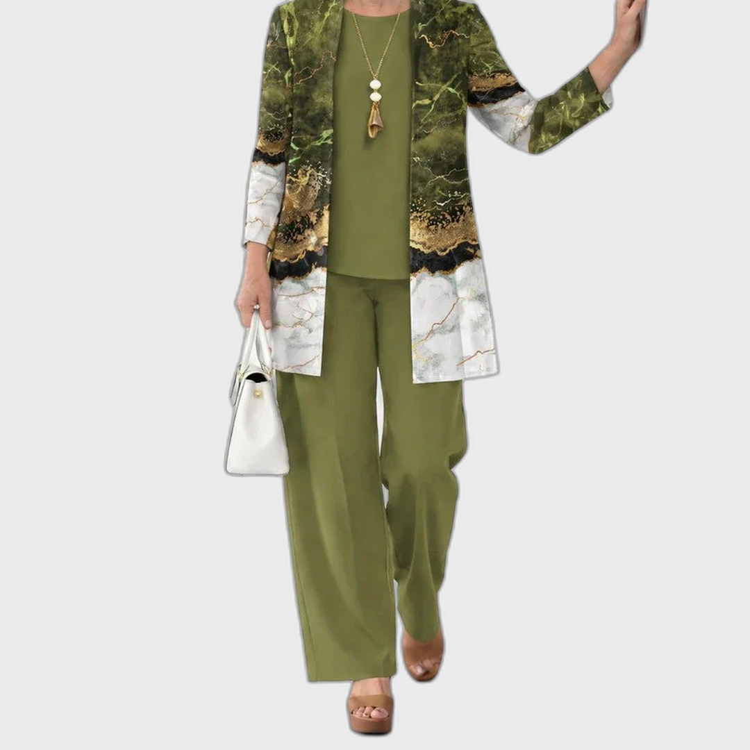 Elena 3-piece set: olive top with gold print cardigan and matching pants