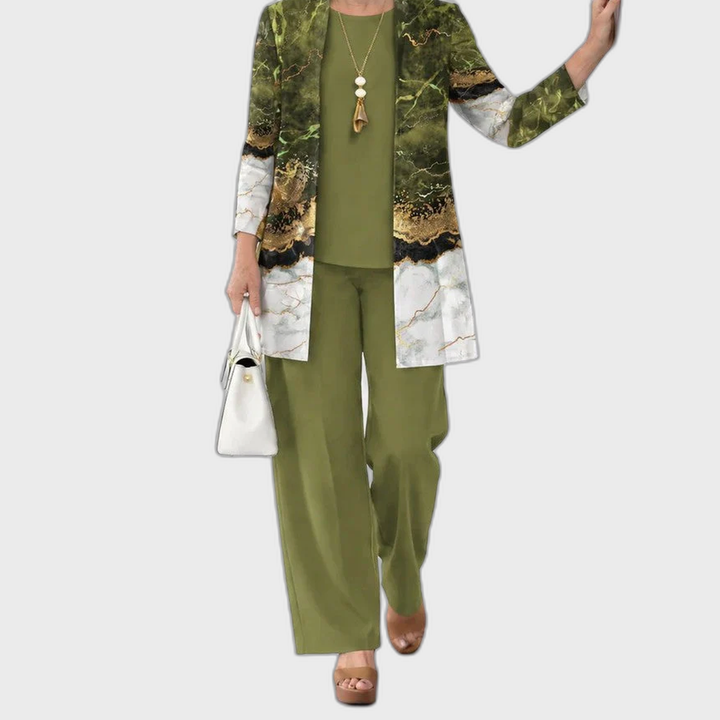 Elena 3-piece set: olive top with gold print cardigan and matching pants