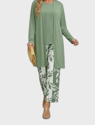 Elena 3-piece set: green long tunic and leaf-print pants