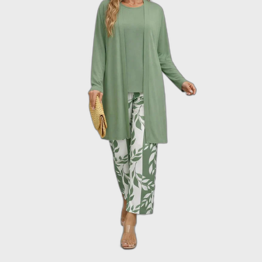 Elena 3-piece set: green long tunic and leaf-print pants