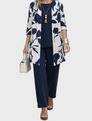 Elena 3-piece set: navy blouse with floral kimono cardigan and tapered pants