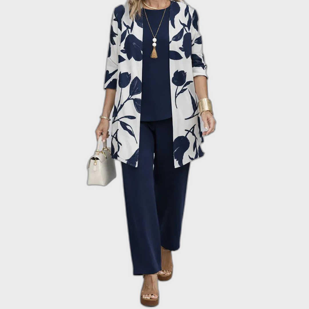 Elena 3-piece set: navy blouse with floral kimono cardigan and tapered pants