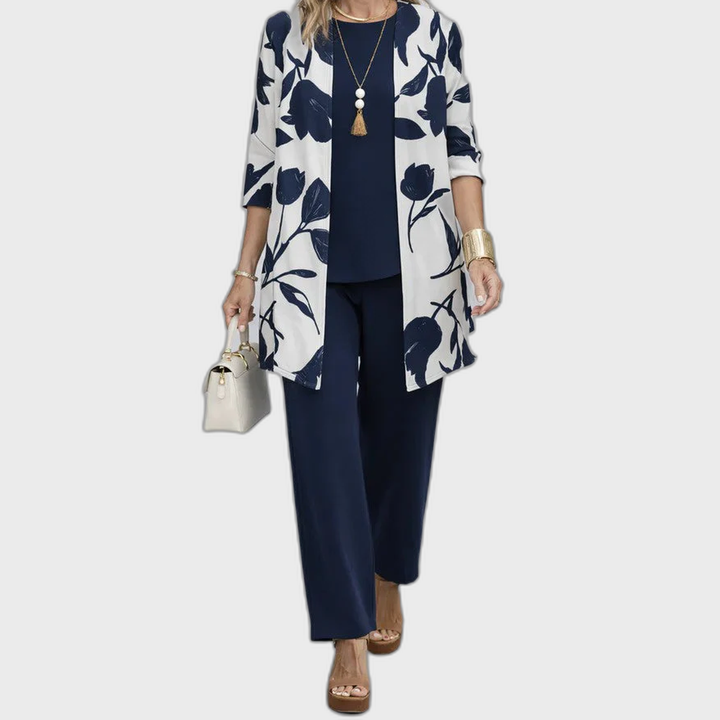 Elena 3-piece set: navy blouse with floral kimono cardigan and tapered pants