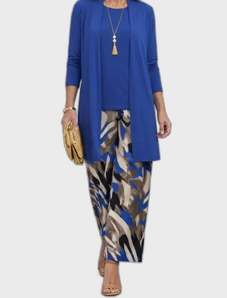 Blue 3-piece outfit set: long tunic with 3/4 sleeves and printed pants