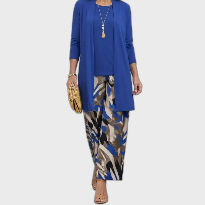 Blue 3-piece outfit set: long tunic with 3/4 sleeves and printed pants