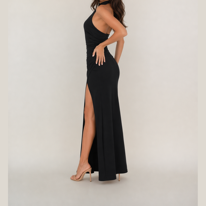 Black halter maxi dress with ruched bodice and high side slit