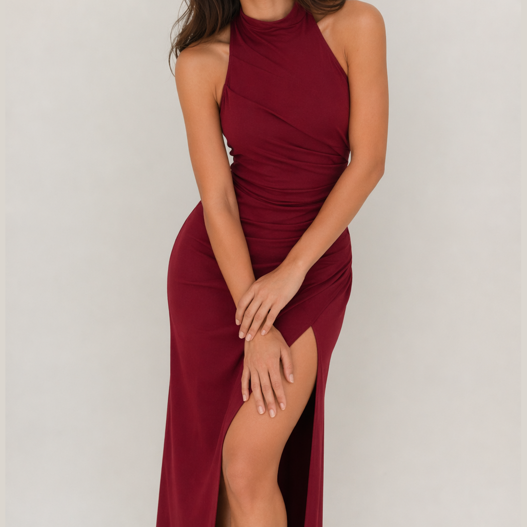 Claret halter maxi dress with ruched wrap bodice and high side slit