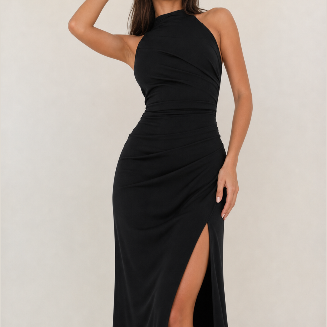 Black halter maxi dress with ruched seams and high slit at side