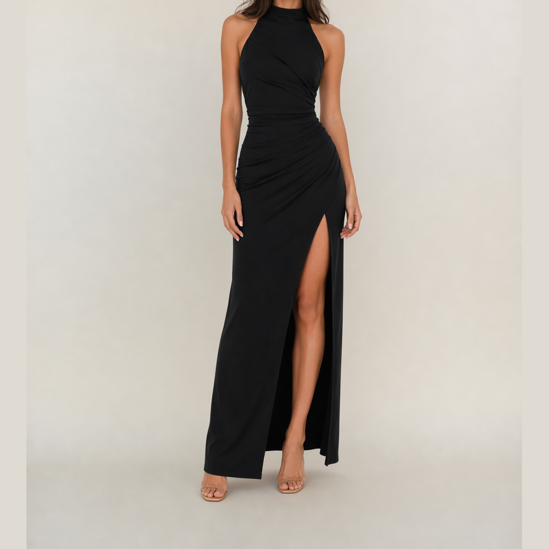 Black halter maxi dress with gathered waist and high front slit