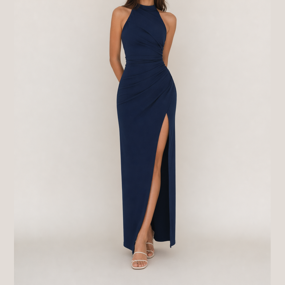 Navy halter maxi dress with ruched wrap styling and high side slit