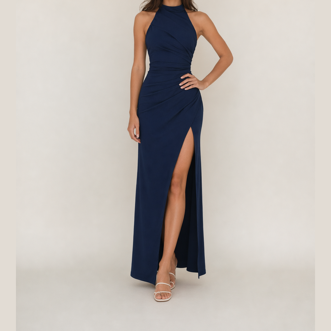 Navy halter maxi dress with fitted sleeveless bodice and high front slit