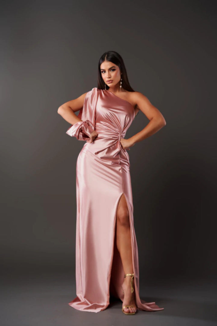 Pink satin one-shoulder maxi dress with side slit and ruched waist