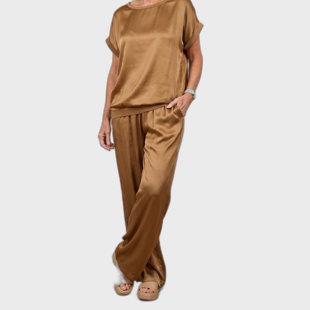 Brown satin lounge set with short-sleeve top and drawstring wide-leg pants