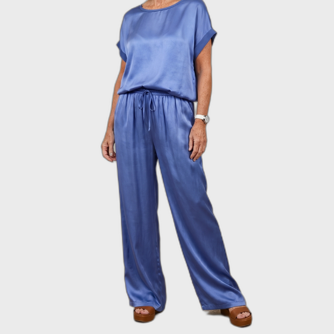 Blue satin lounge set with short-sleeve top and drawstring wide-leg pants