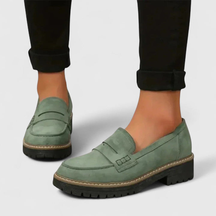Orthopaedic loafers in green suede with side strap and textured tread rubber sole