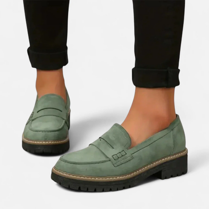 Kaye™ green loafers with buckle strap, suede look, contrast stitching, and lug sole