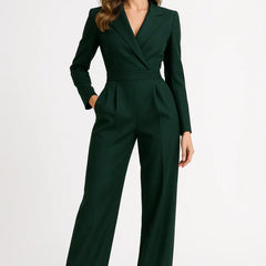 Luxe blazer jumpsuit with V-neck, long sleeves, wide-leg pants in deep green