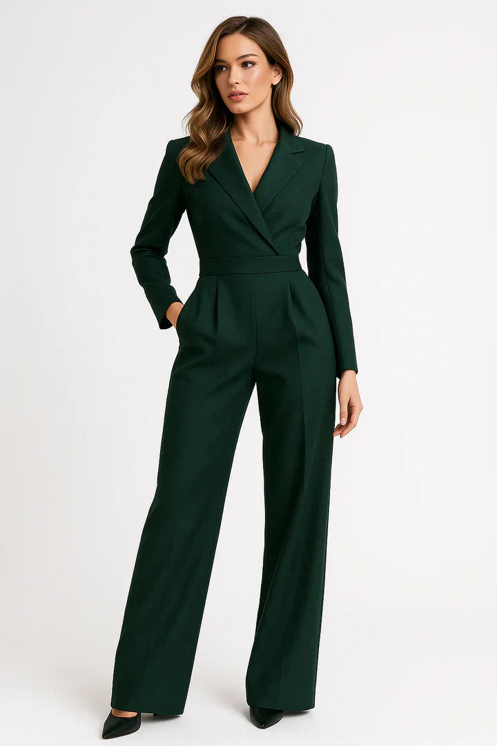Luxe blazer jumpsuit with V-neck, long sleeves, wide-leg pants in deep green