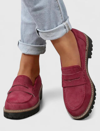 Orthopaedic loafers in burgundy suede with side strap and rugged tread rubber sole