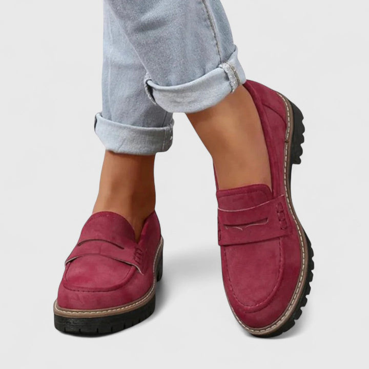 Orthopaedic loafers in burgundy suede with side strap and rugged tread rubber sole