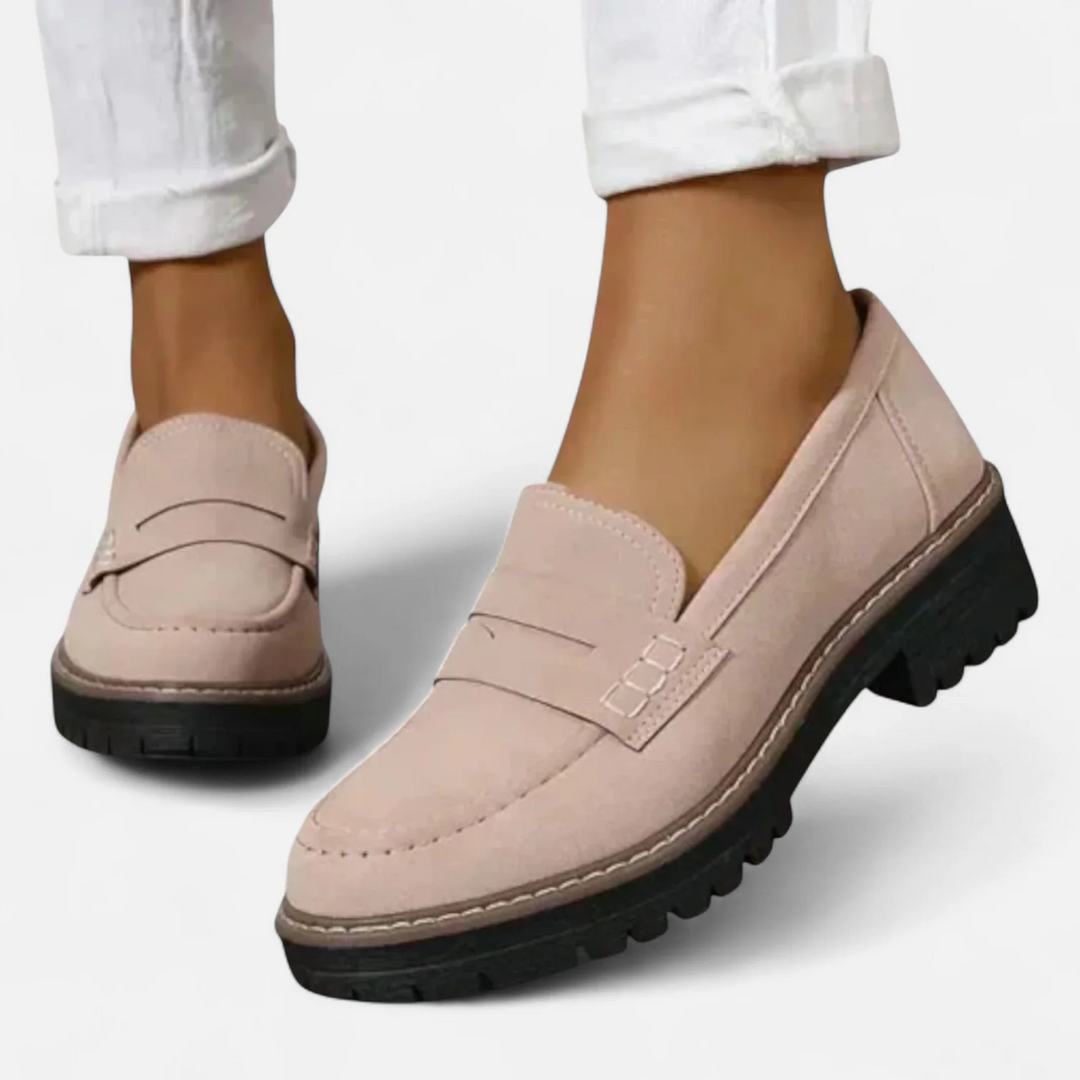 Kaye™ loafers in khaki with buckle strap, slip-on fit, chunky lug sole and contrast trim