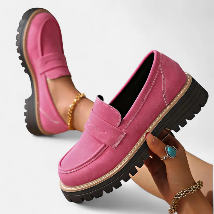 Kaye™ pink loafers with buckle strap, suede look, contrast trim and chunky lug sole