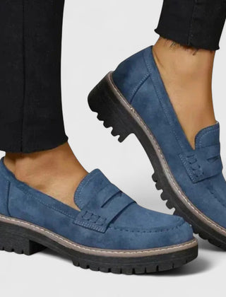 Orthopaedic loafers in blue suede with low heel and rugged tread rubber sole