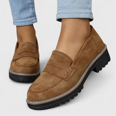 Orthopaedic loafers in tan suede with buckle strap and chunky tread rubber sole